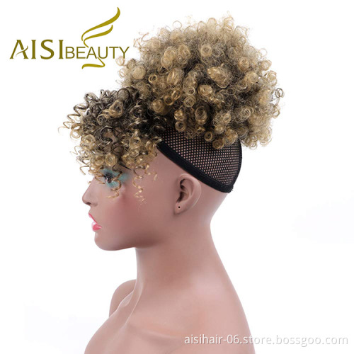 Aisi Beauty New Design Wholesale Mixed Brown Blonde Fluffy Puff Hairpiece Extension With Bangs Curly Afro Kinky Afro Hair Bun